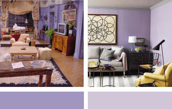 Monica's living room has purple walls.
